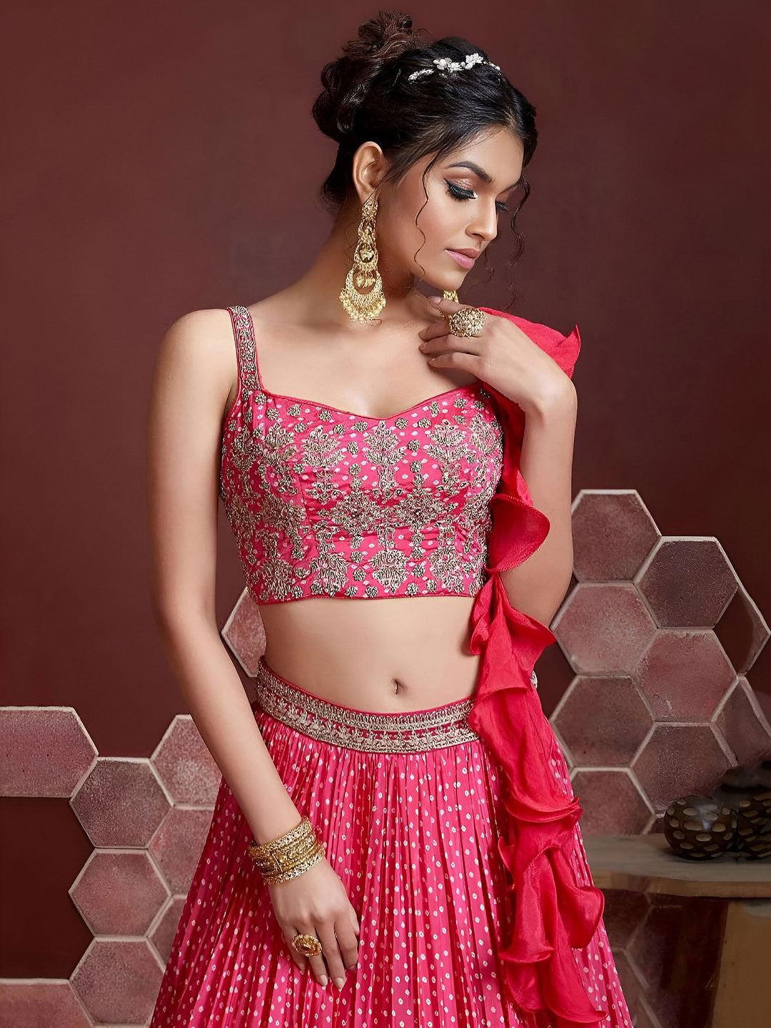 Pink Chinon Embroidered Semi Stitched Lehenga Choli with Dupatta