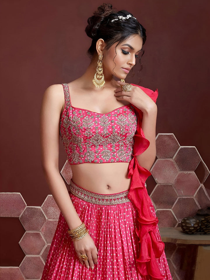Pink Chinon Embroidered Semi Stitched Lehenga Choli with Dupatta