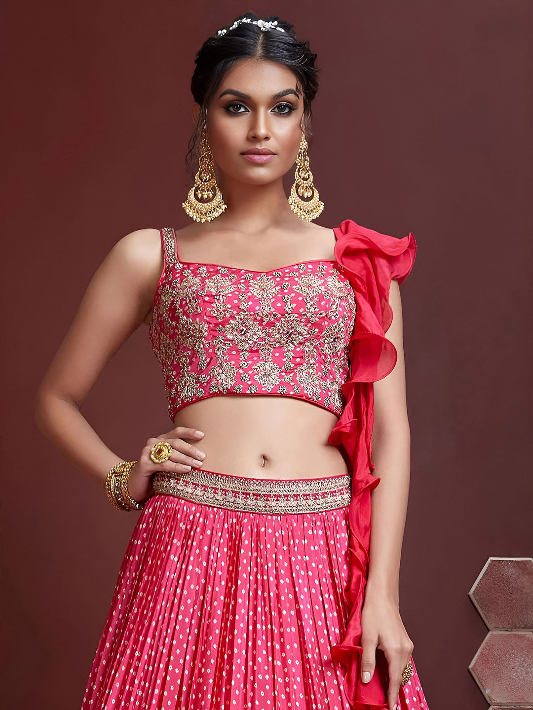 Pink Chinon Embroidered Semi Stitched Lehenga Choli with Dupatta