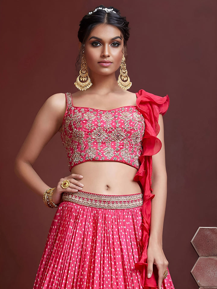 Pink Chinon Embroidered Semi Stitched Lehenga Choli with Dupatta