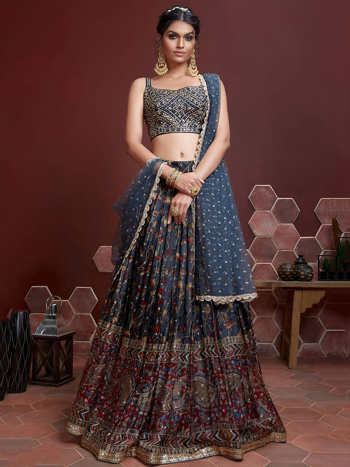 Blue Art Silk Embroidered Semi Stitched Lehenga Choli with Dupatta