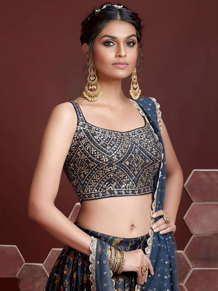 Blue Art Silk Embroidered Semi Stitched Lehenga Choli with Dupatta