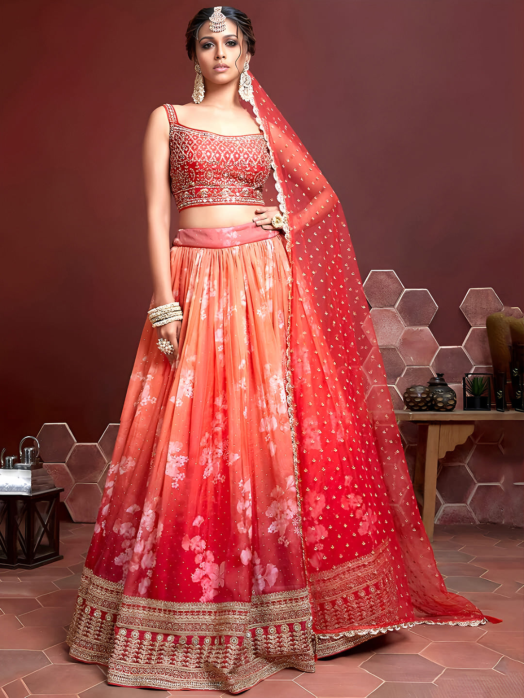 Orange Art Silk Embroidered Semi Stitched Lehenga Choli with Dupatta