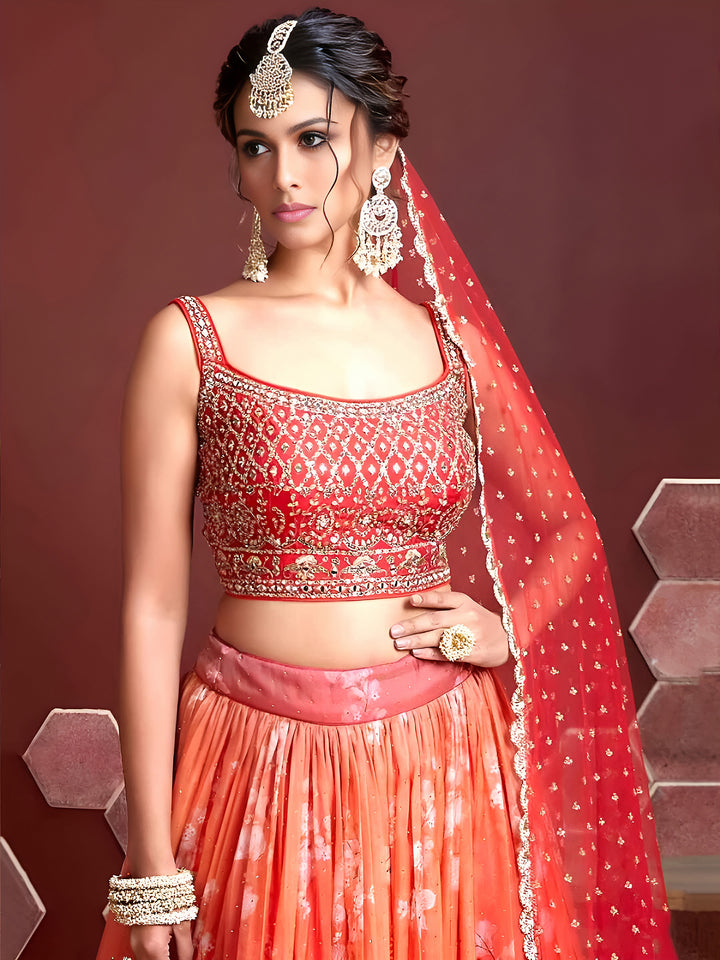 Orange Art Silk Embroidered Semi Stitched Lehenga Choli with Dupatta