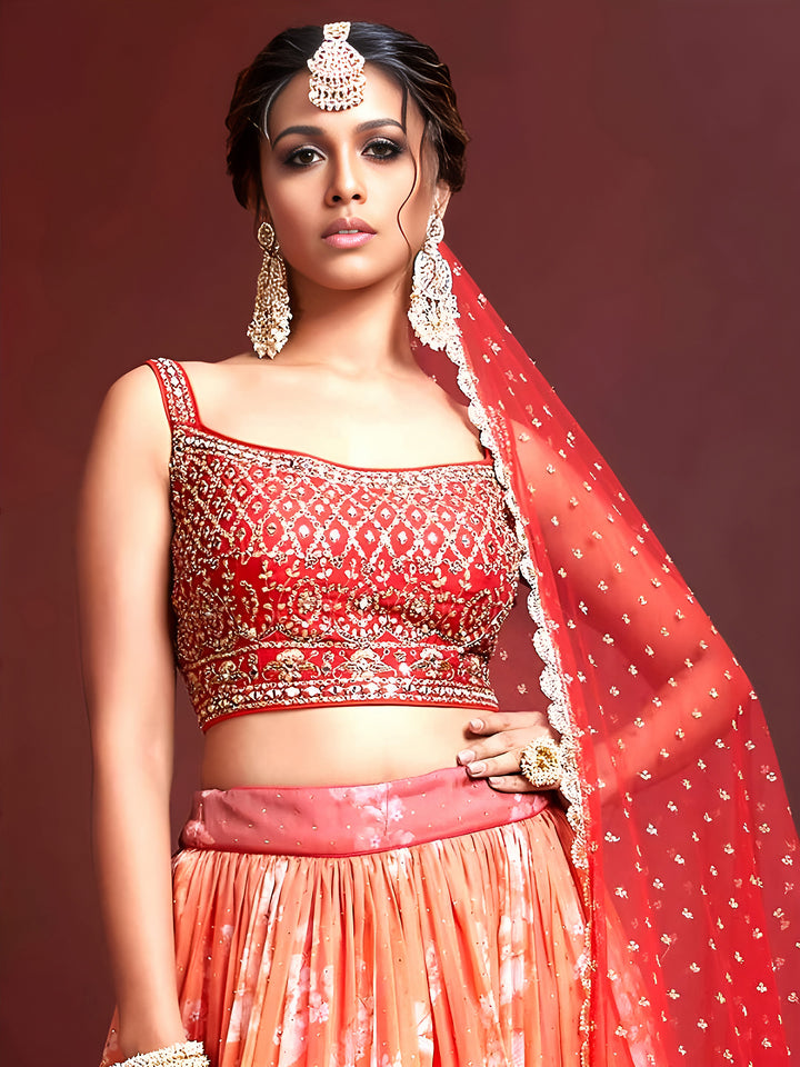 Orange Art Silk Embroidered Semi Stitched Lehenga Choli with Dupatta