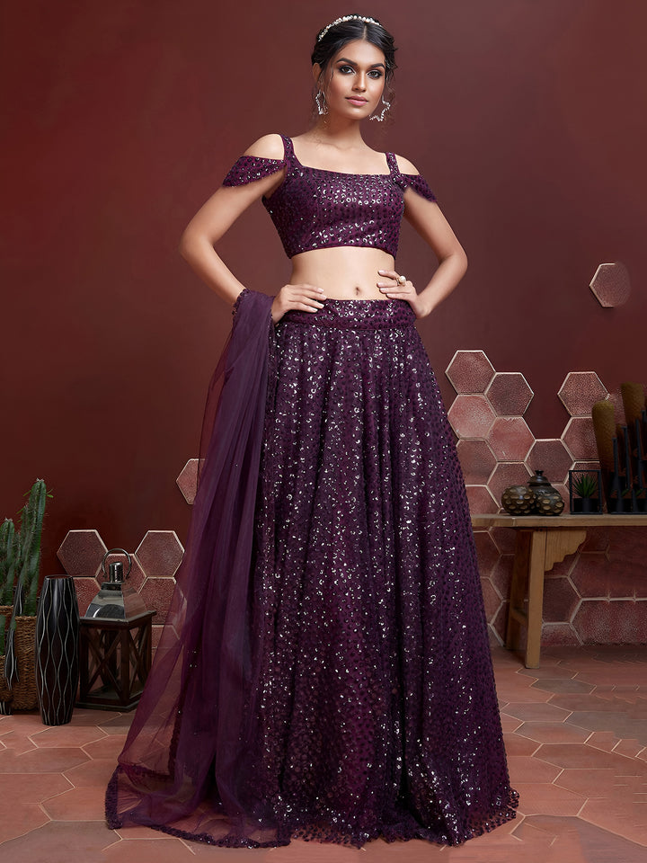 Purple Net Embroidered Semi Stitched Lehenga Choli with Dupatta