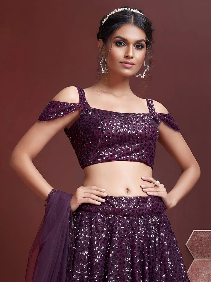 Purple Net Embroidered Semi Stitched Lehenga Choli with Dupatta