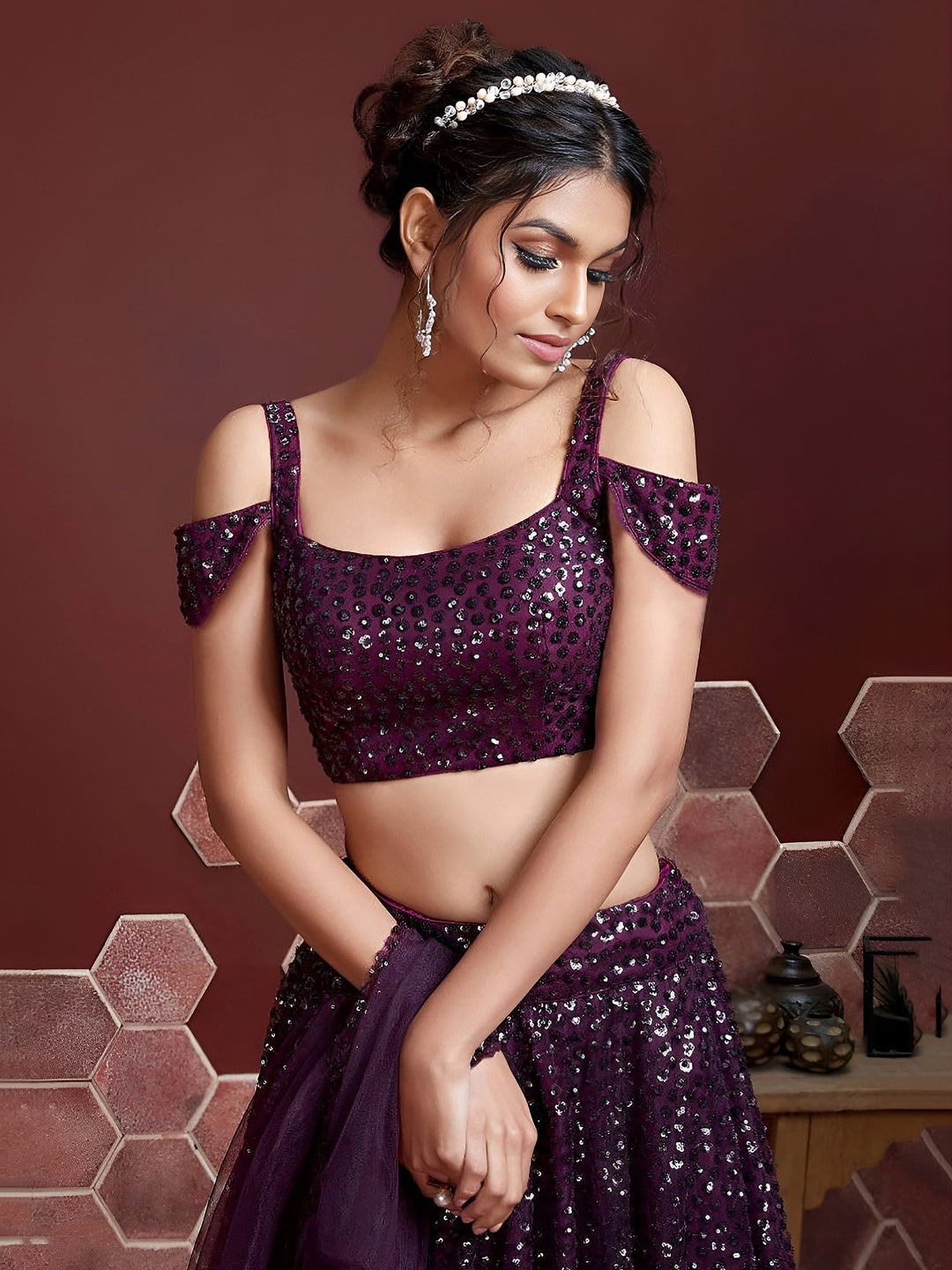Purple Net Embroidered Semi Stitched Lehenga Choli with Dupatta
