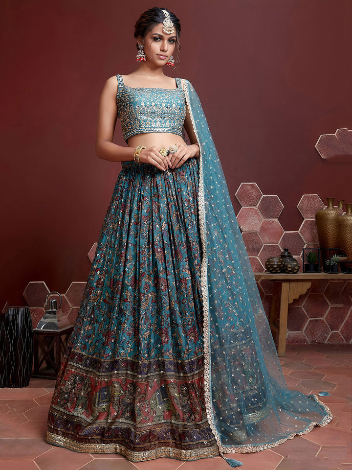 Sky-Blue Art Silk Embroidered Semi Stitched Lehenga Choli with Dupatta