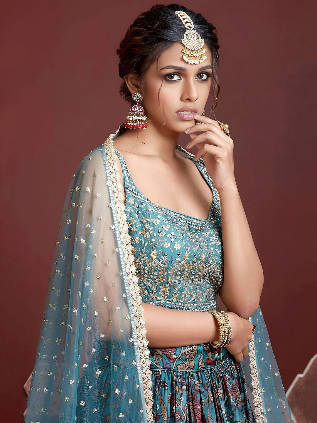 Sky-Blue Art Silk Embroidered Semi Stitched Lehenga Choli with Dupatta