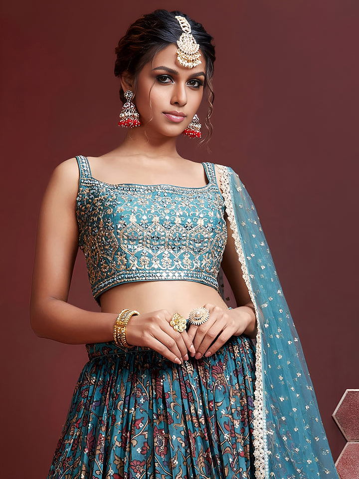 Sky-Blue Art Silk Embroidered Semi Stitched Lehenga Choli with Dupatta