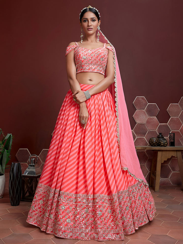 Peach Organza Embroidered Semi Stitched Lehenga Choli with Dupatta