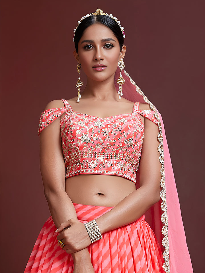 Peach Organza Embroidered Semi Stitched Lehenga Choli with Dupatta