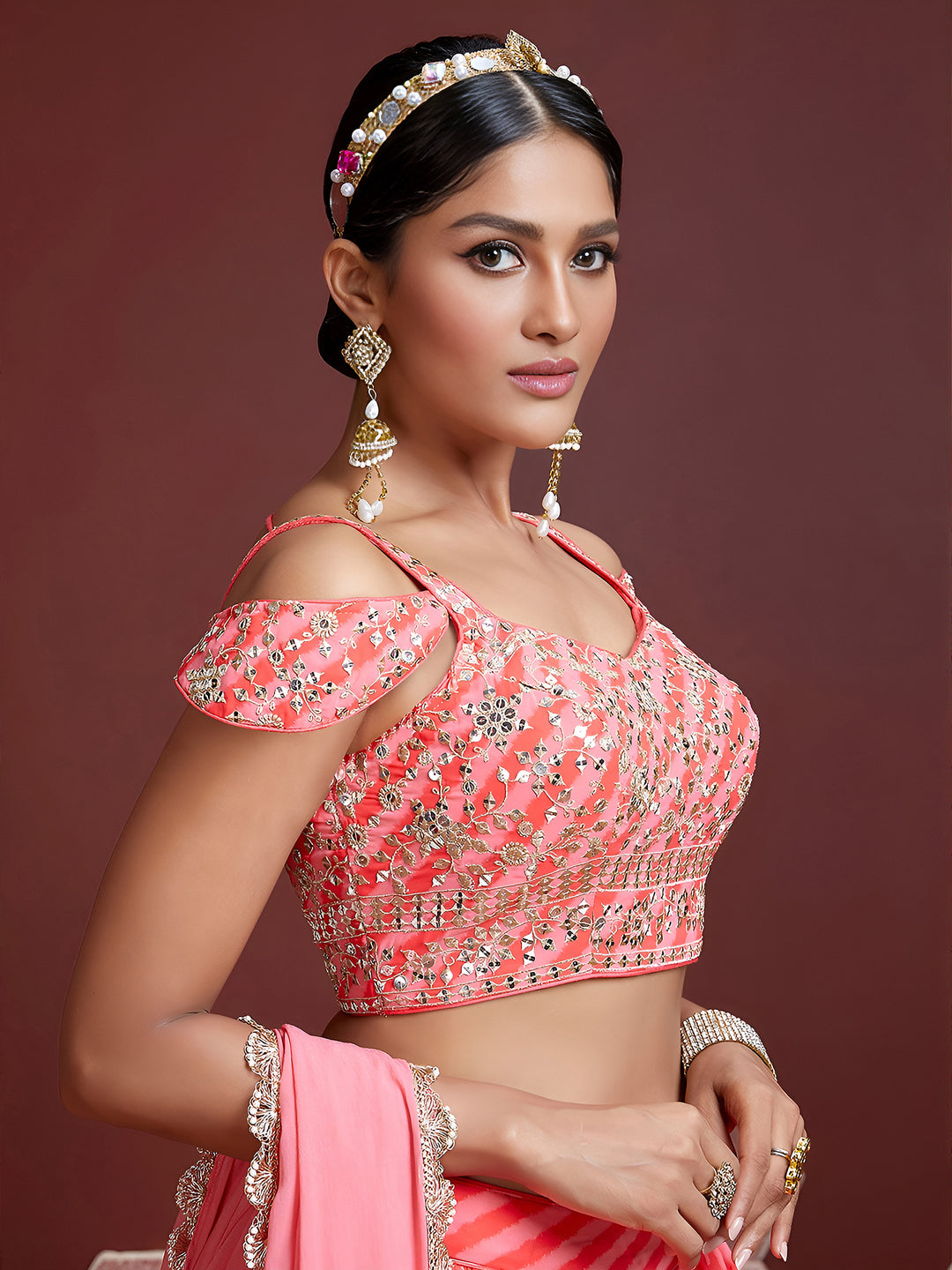 Peach Organza Embroidered Semi Stitched Lehenga Choli with Dupatta