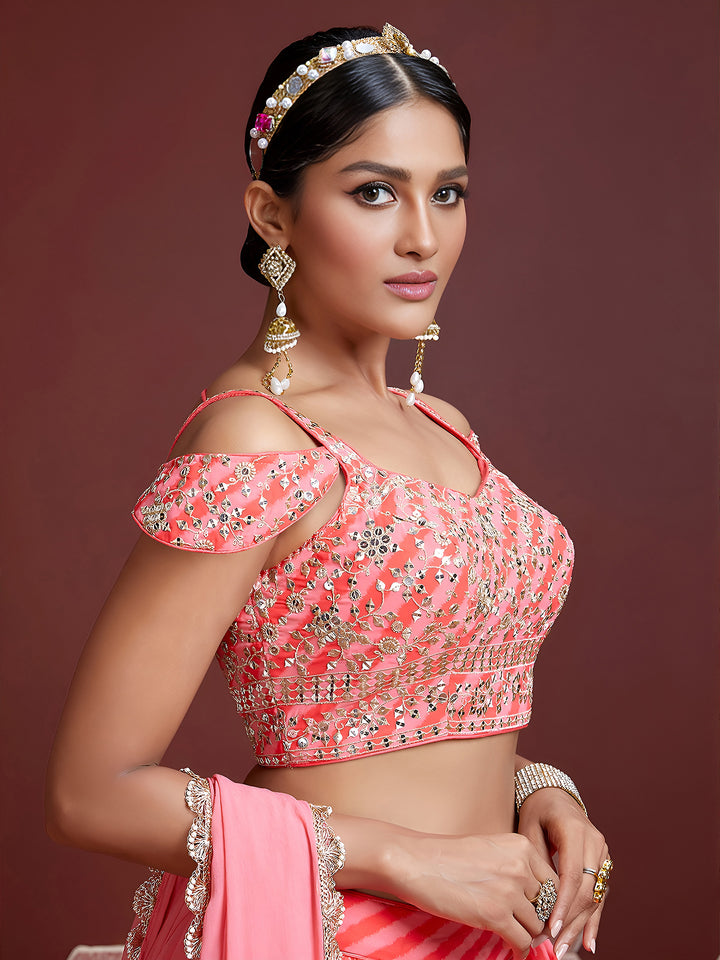 Peach Organza Embroidered Semi Stitched Lehenga Choli with Dupatta