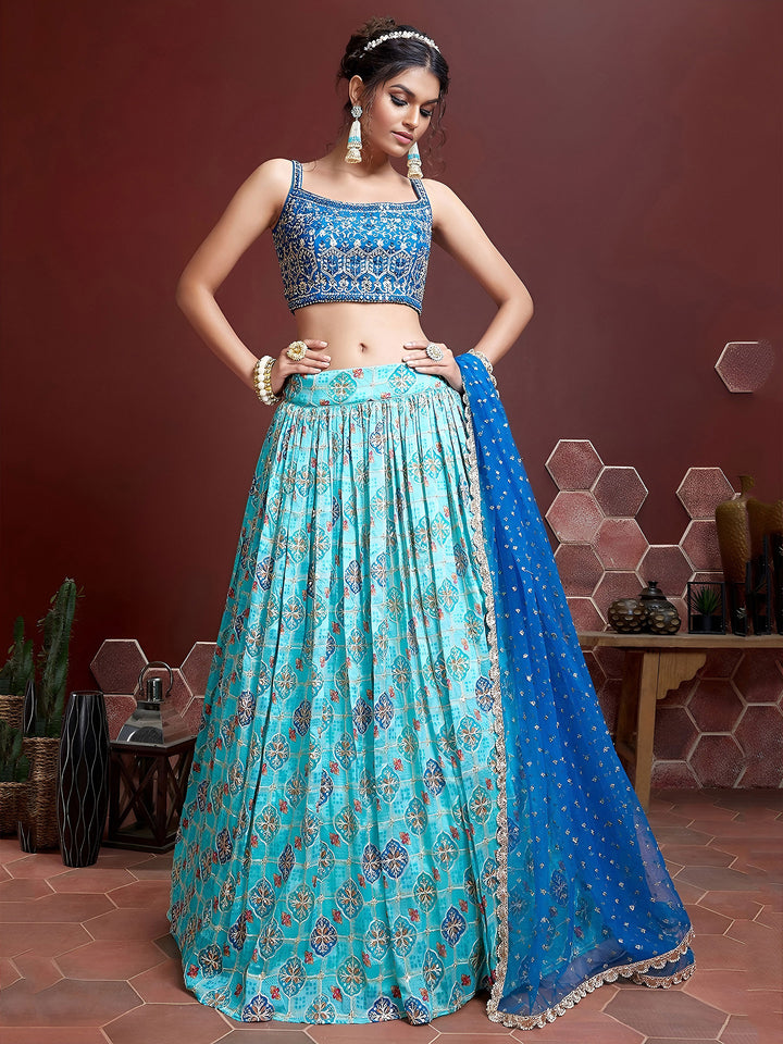 Sky-Blue Art Silk Embroidered Semi Stitched Lehenga Choli with Dupatta