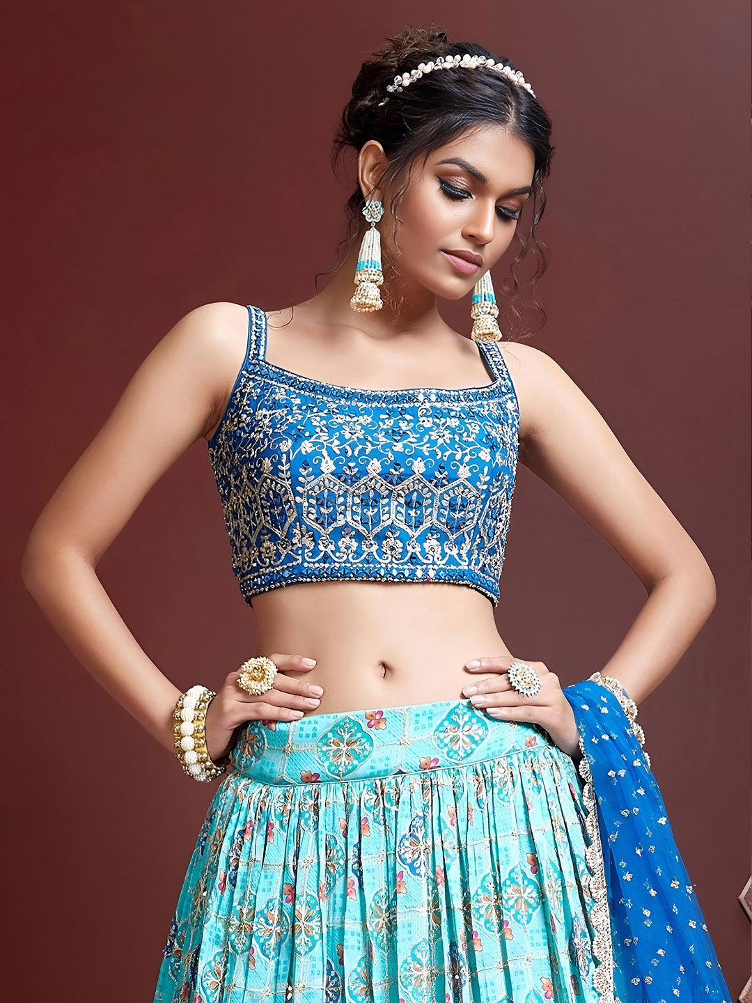 Sky-Blue Art Silk Embroidered Semi Stitched Lehenga Choli with Dupatta