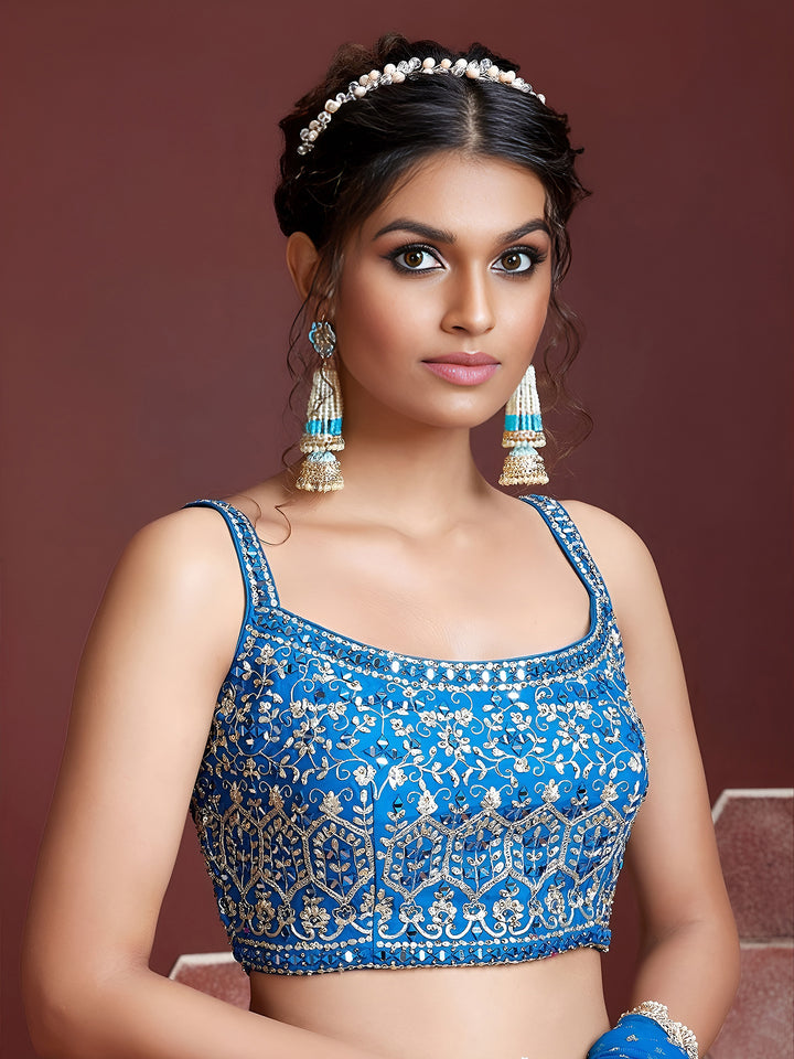 Sky-Blue Art Silk Embroidered Semi Stitched Lehenga Choli with Dupatta
