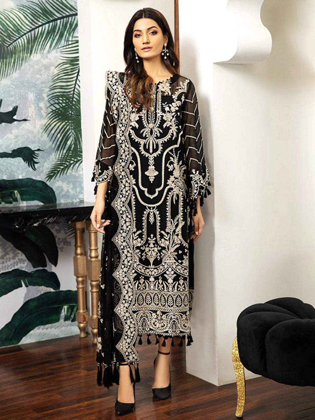 Black Embroidered Oaganza Semi Stitched Kurta With Pant &amp; Dupatta