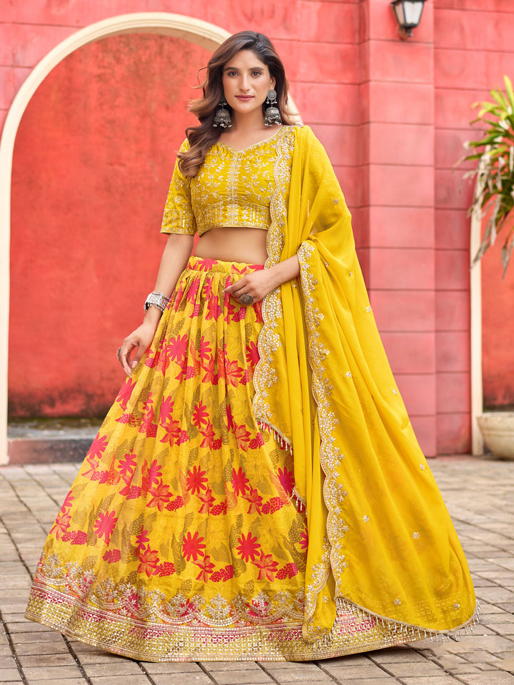 Yellow Embroidered Art Silk Semi Stitched Kurta Choli With Lehenga &amp; Dupatta