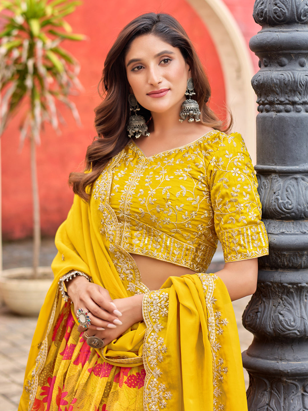 Yellow Embroidered Art Silk Semi Stitched Kurta Choli With Lehenga &amp; Dupatta