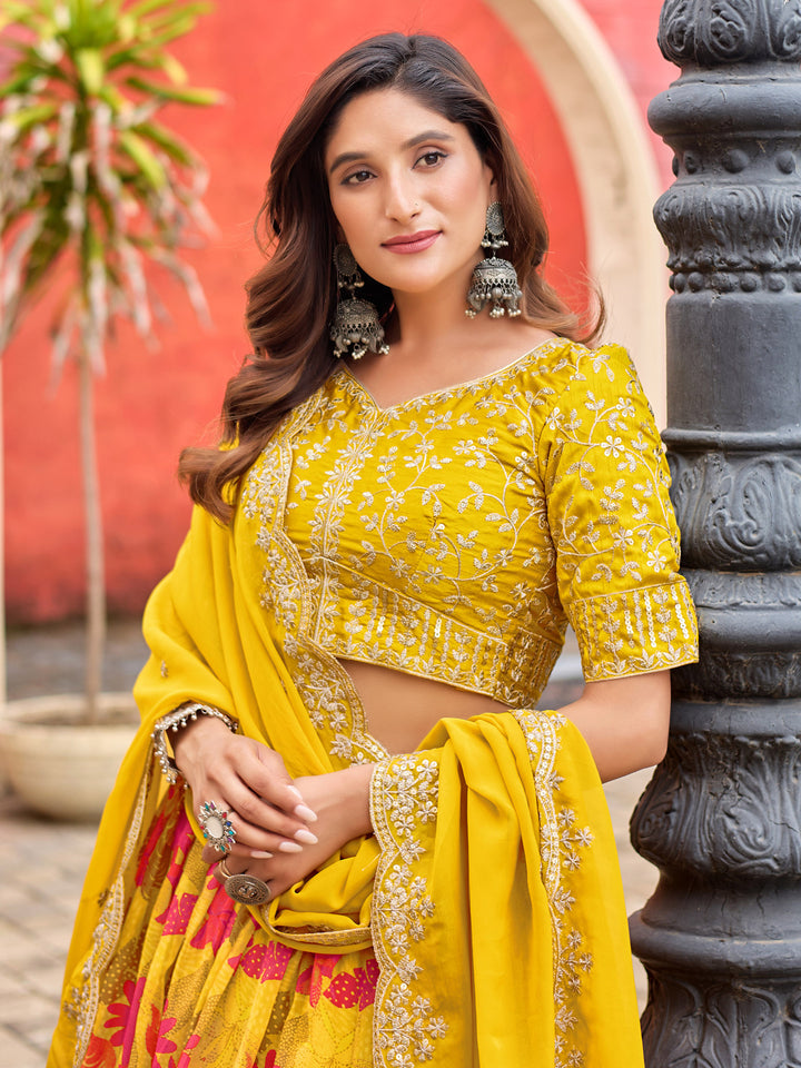 Yellow Embroidered Art Silk Semi Stitched Kurta Choli With Lehenga &amp; Dupatta