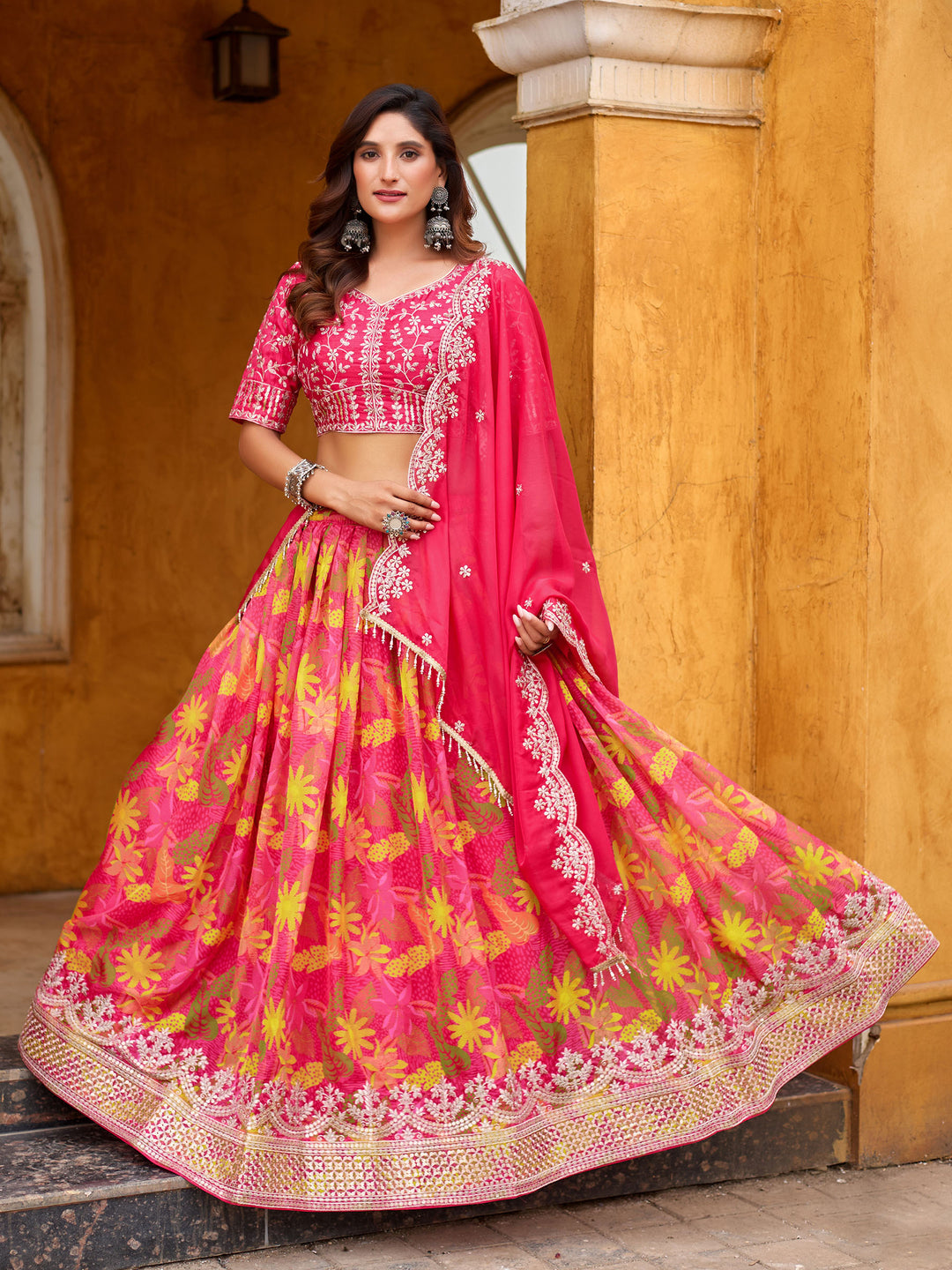 Pink Embroidered Art Silk Semi Stitched Kurta Choli With Lehenga &amp; Dupatta
