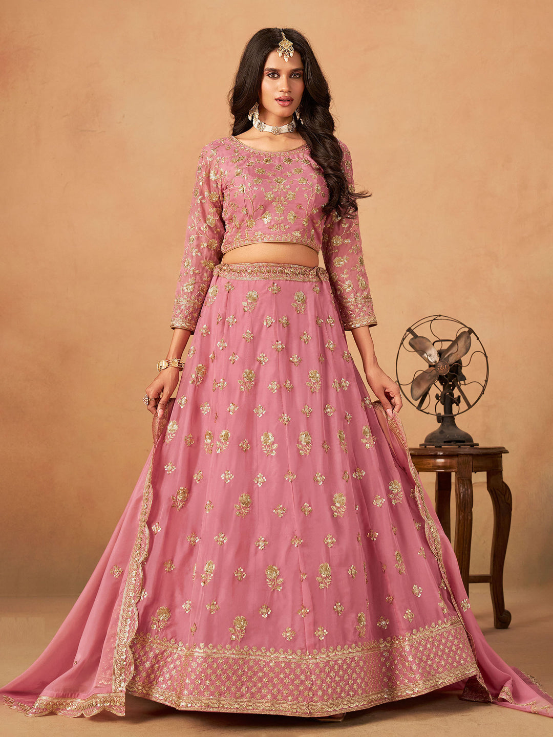Pink Embroidered Oaganza Semi Stitched Kurta Choli With Lehenga &amp; Dupatta
