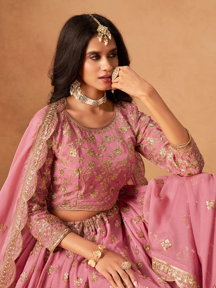 Pink Embroidered Oaganza Semi Stitched Kurta Choli With Lehenga &amp; Dupatta
