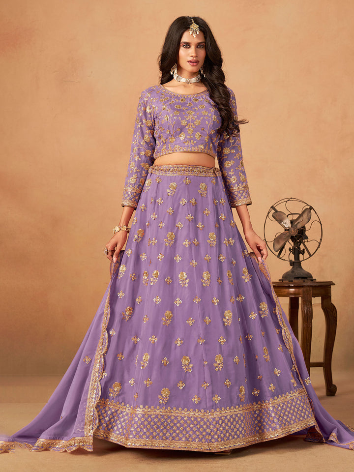 Lavender Embroidered Oaganza Semi Stitched Kurta Choli With Lehenga &amp; Dupatta