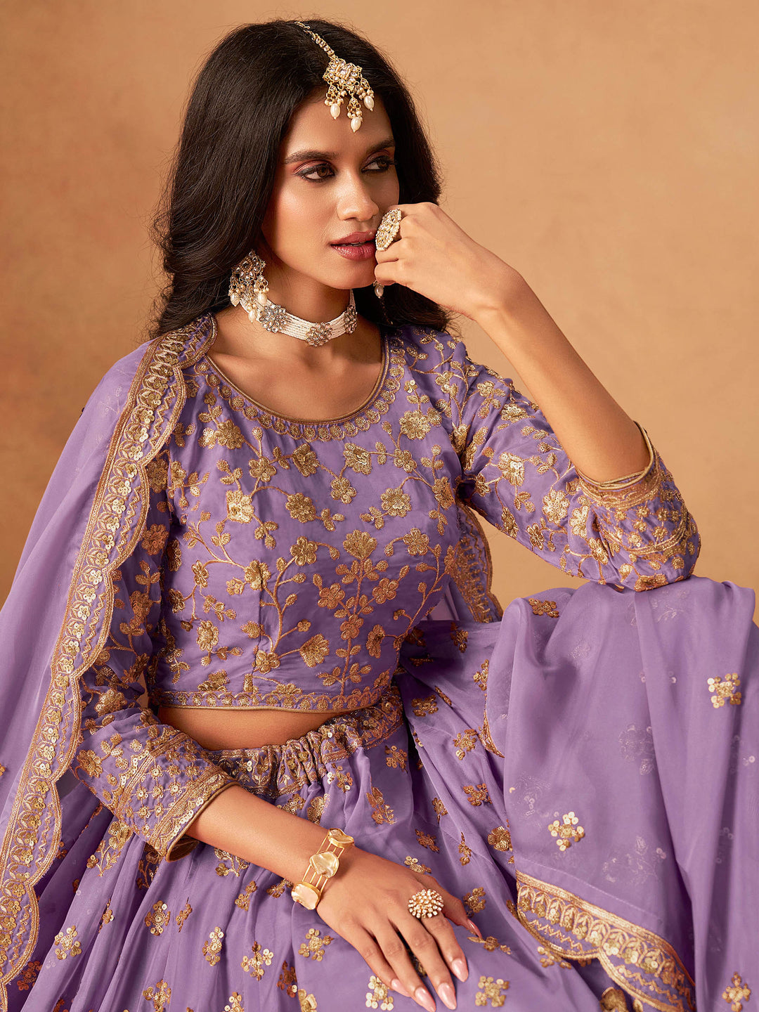 Lavender Embroidered Oaganza Semi Stitched Kurta Choli With Lehenga &amp; Dupatta