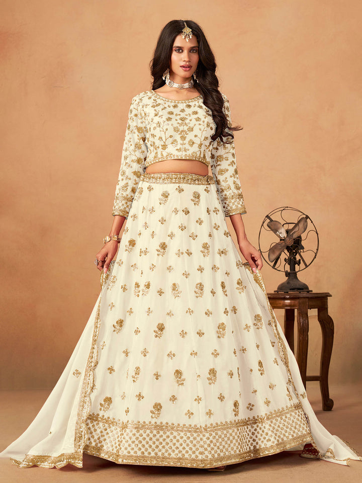 White Embroidered Oaganza Semi Stitched Kurta Choli With Lehenga &amp; Dupatta