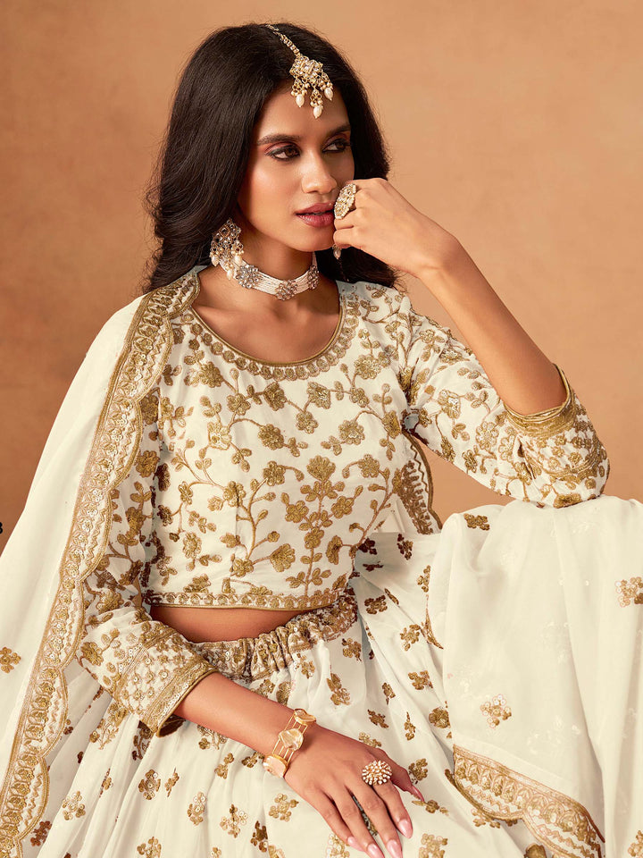White Embroidered Oaganza Semi Stitched Kurta Choli With Lehenga &amp; Dupatta