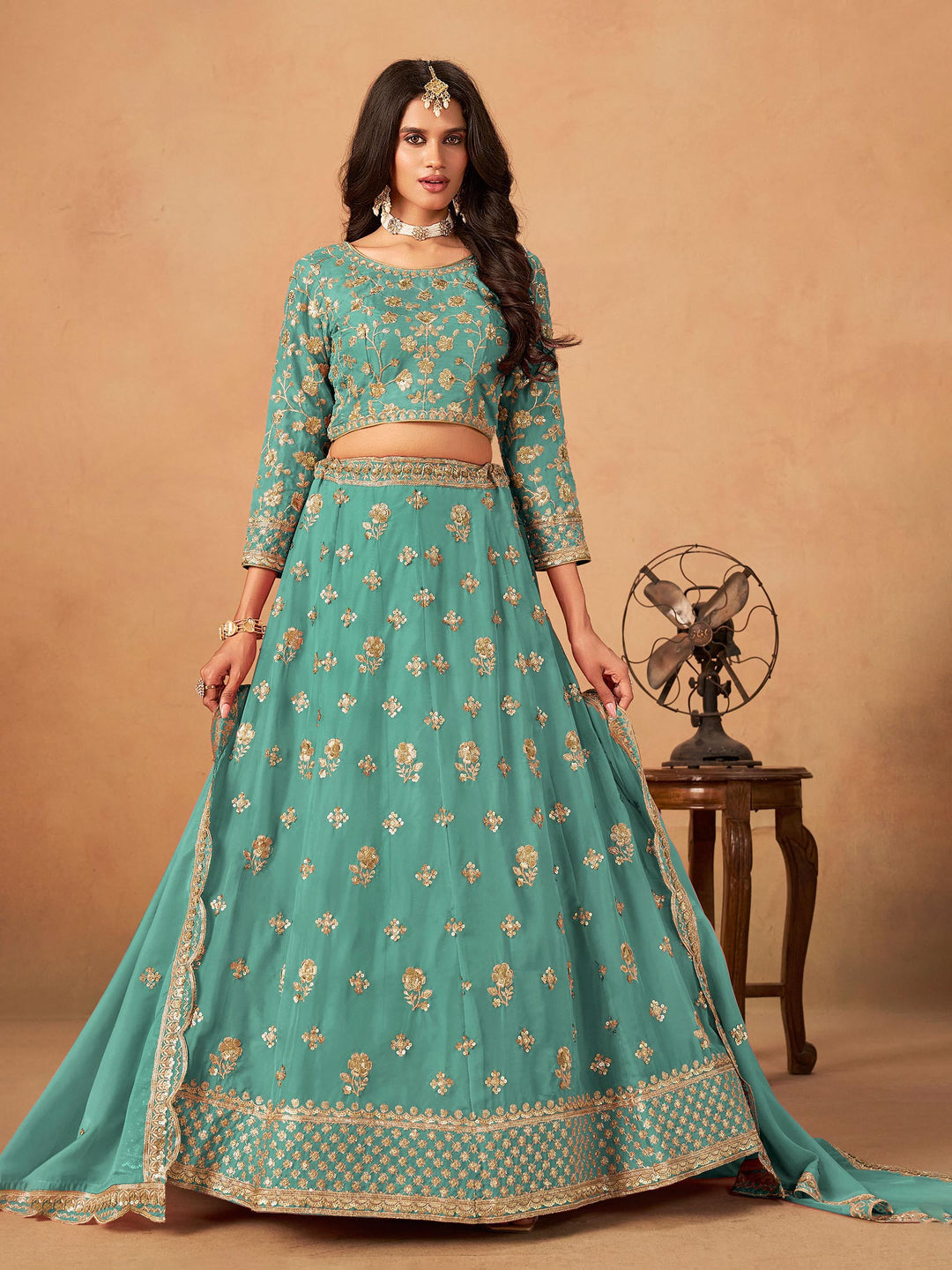 Sea Green Embroidered Oaganza Semi Stitched Kurta Choli With Lehenga &amp; Dupatta