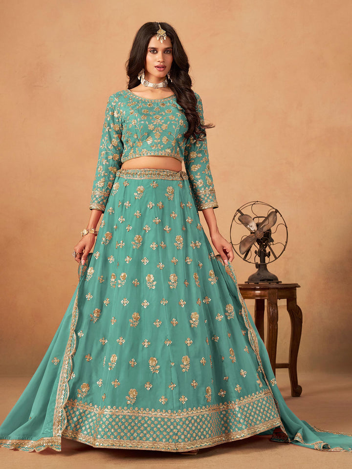 Sea Green Embroidered Oaganza Semi Stitched Kurta Choli With Lehenga &amp; Dupatta
