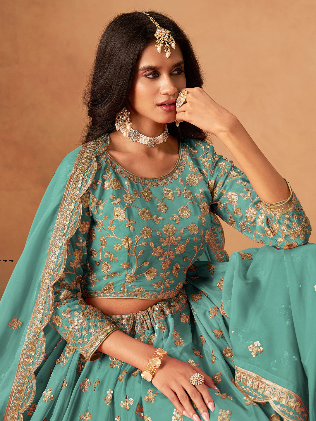 Sea Green Embroidered Oaganza Semi Stitched Kurta Choli With Lehenga &amp; Dupatta