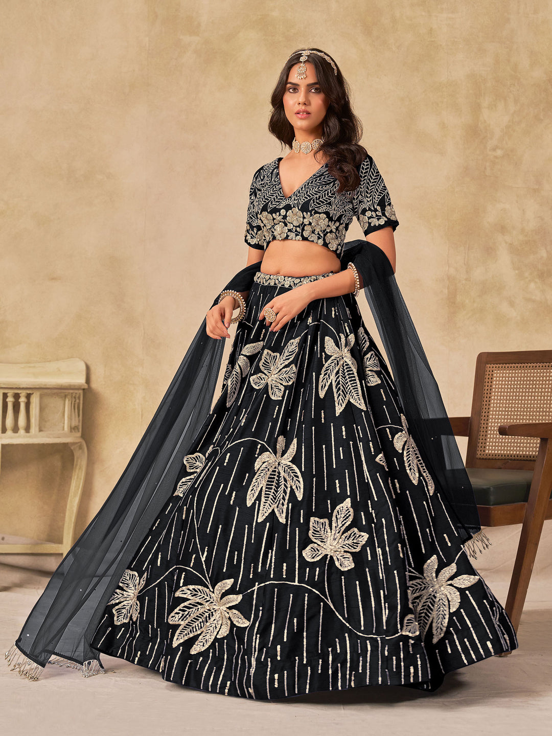 Black Embroidered Art Silk Semi Stitched Kurta Choli With Lehenga &amp; Dupatta