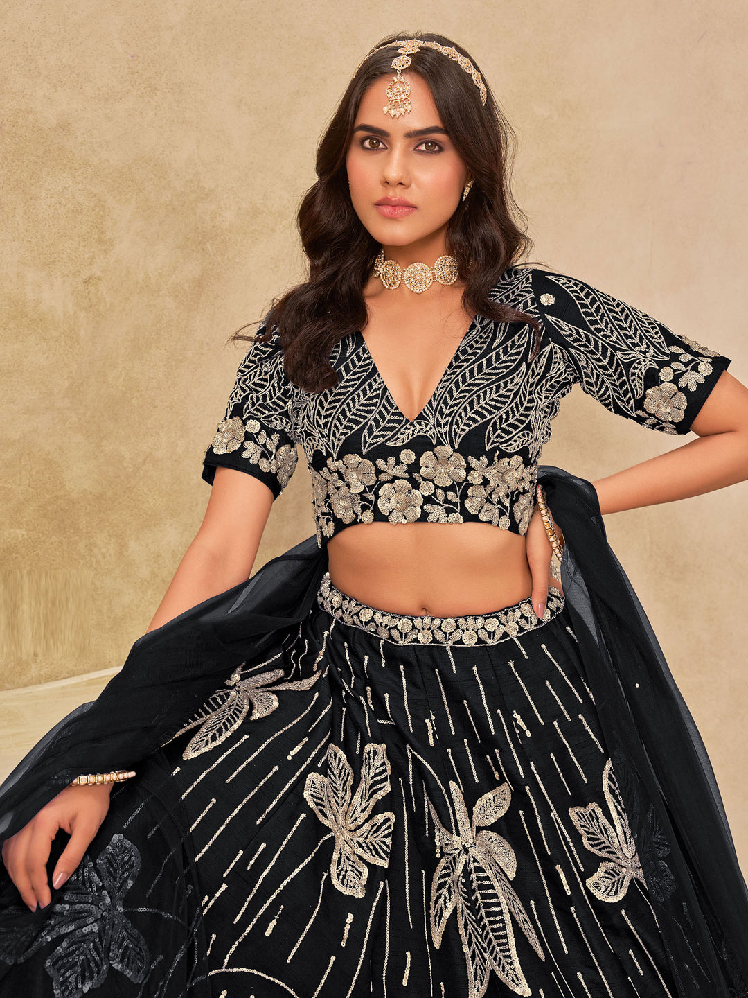 Black Embroidered Art Silk Semi Stitched Kurta Choli With Lehenga &amp; Dupatta