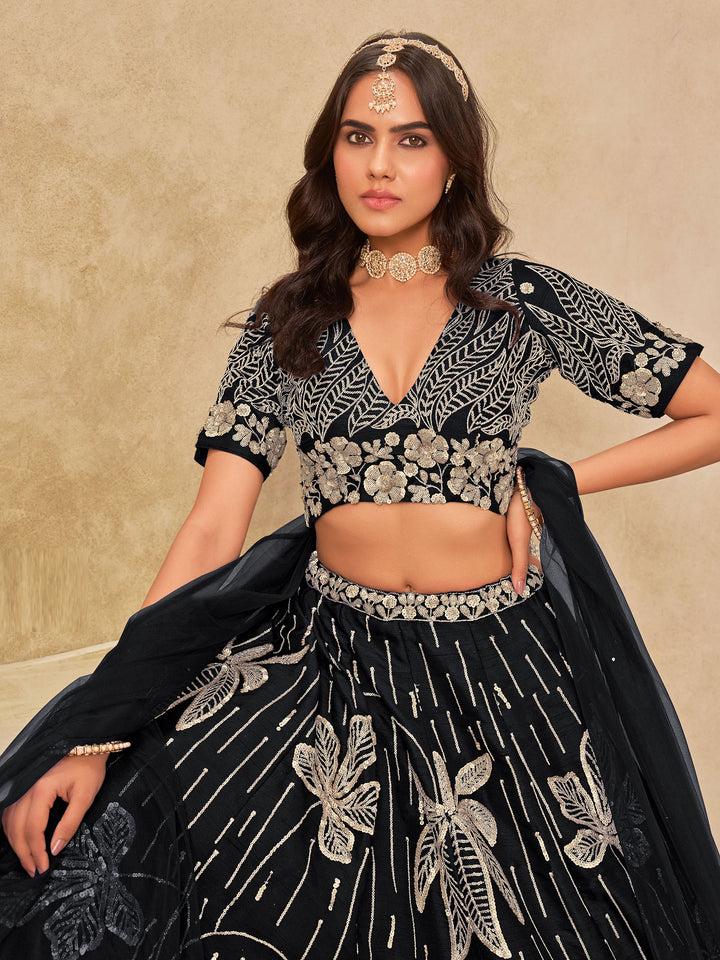 Black Embroidered Art Silk Semi Stitched Kurta Choli With Lehenga &amp; Dupatta