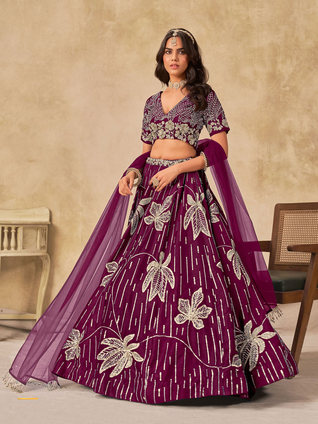 Purple Embroidered Art Silk Semi Stitched Kurta Choli With Lehenga &amp; Dupatta