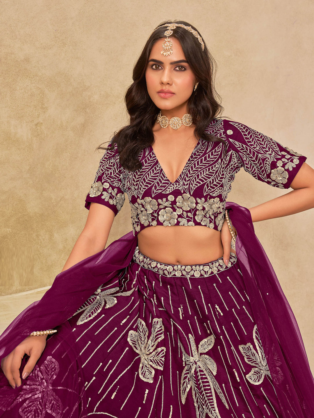Purple Embroidered Art Silk Semi Stitched Kurta Choli With Lehenga &amp; Dupatta