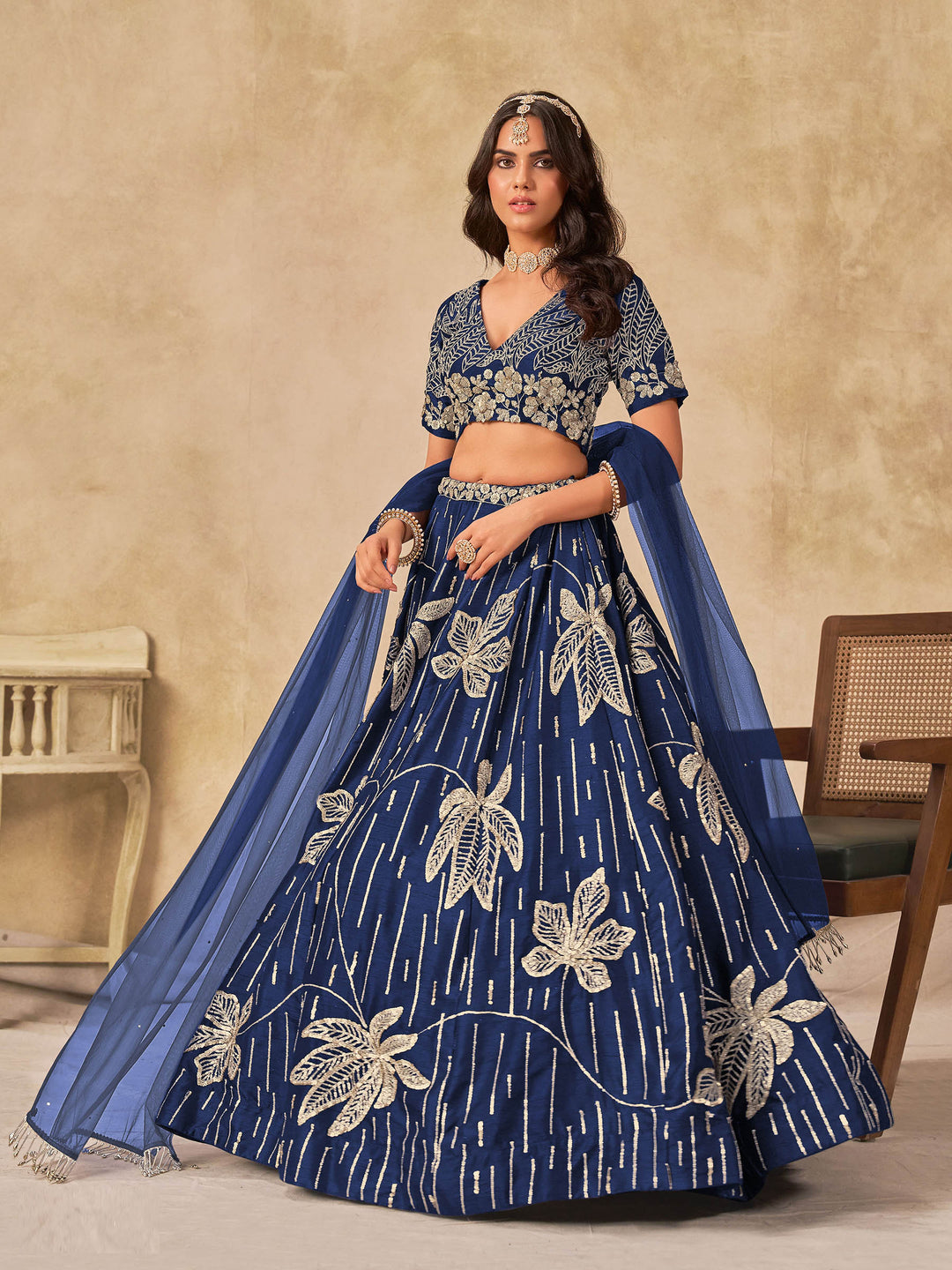 Royal Blue Embroidered Art Silk Semi Stitched Kurta Choli With Lehenga &amp; Dupatta