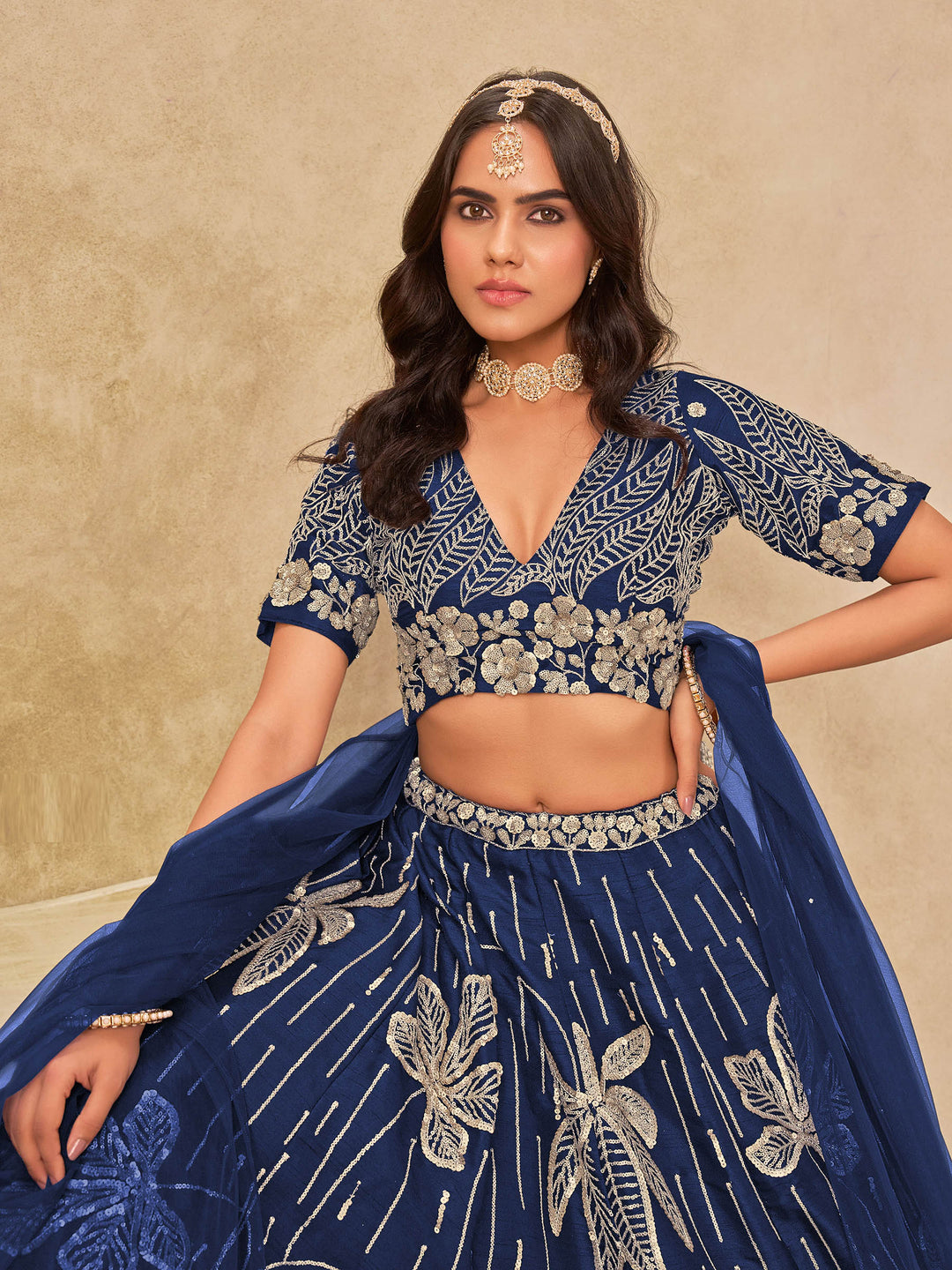 Royal Blue Embroidered Art Silk Semi Stitched Kurta Choli With Lehenga &amp; Dupatta