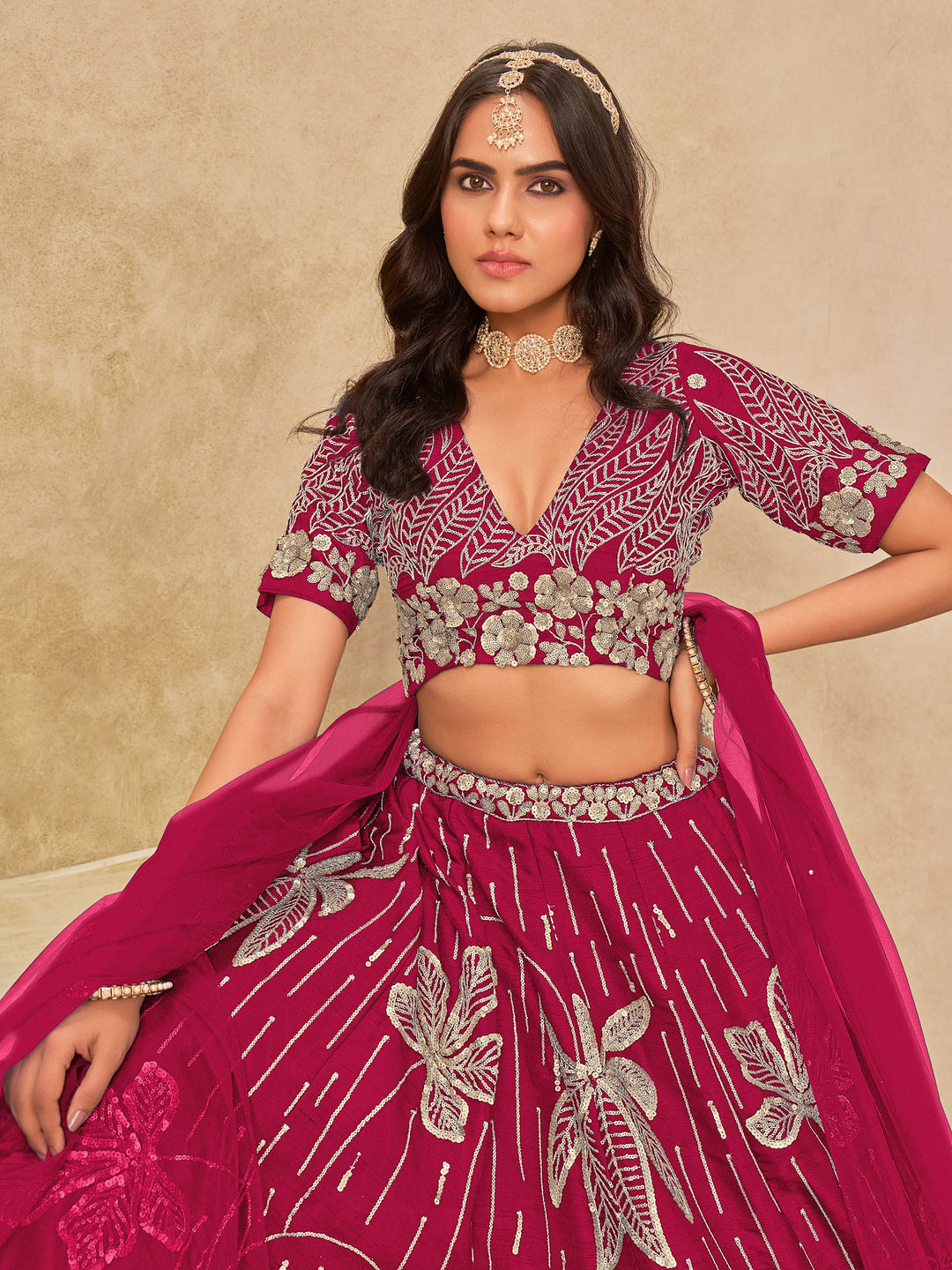 Rani Embroidered Art Silk Semi Stitched Kurta Choli With Lehenga &amp; Dupatta