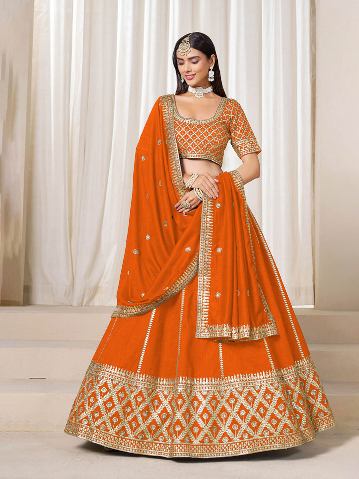 Orange Embroidered Art Silk Semi Stitched Kurta Choli With Lehenga &amp; Dupatta