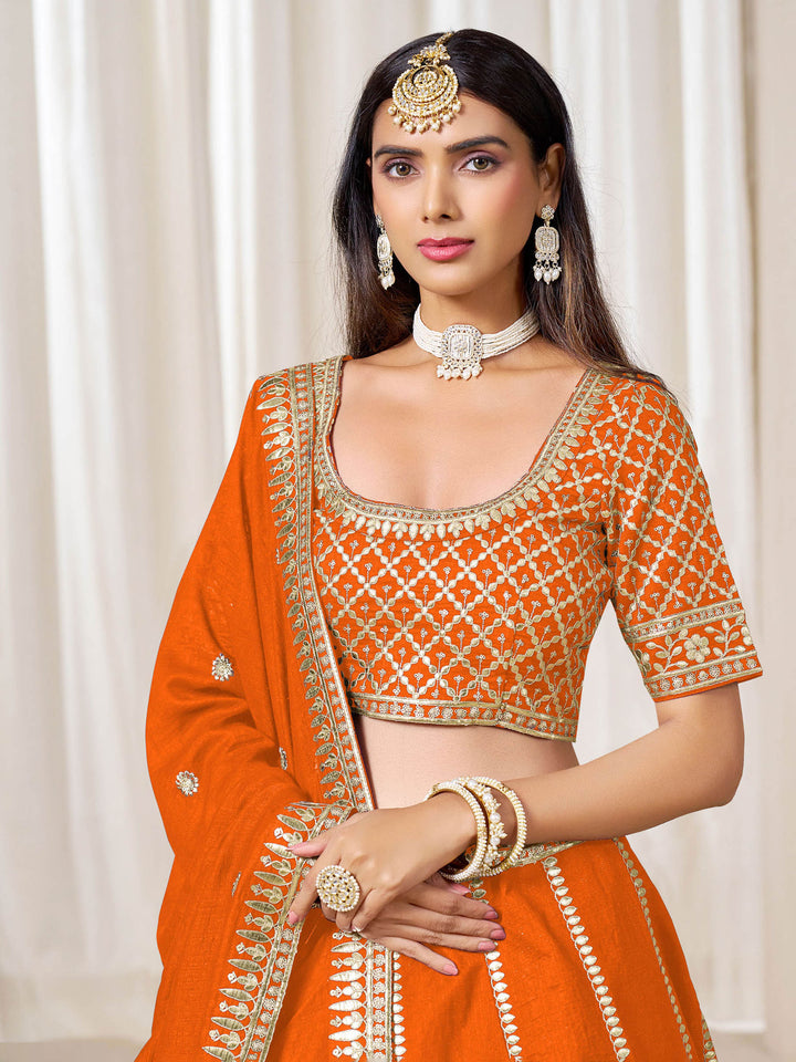 Orange Embroidered Art Silk Semi Stitched Kurta Choli With Lehenga &amp; Dupatta