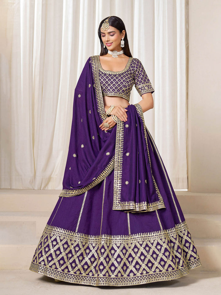 Purple Embroidered Art Silk Semi Stitched Kurta Choli With Lehenga &amp; Dupatta