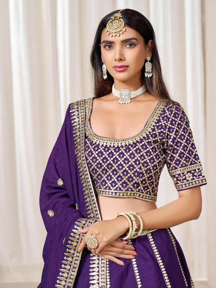 Purple Embroidered Art Silk Semi Stitched Kurta Choli With Lehenga &amp; Dupatta