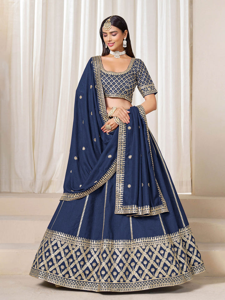 Blue Embroidered Art Silk Semi Stitched Kurta Choli With Lehenga &amp; Dupatta