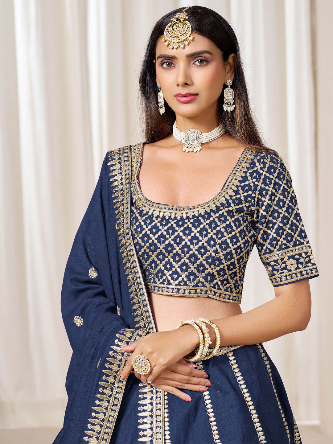 Blue Embroidered Art Silk Semi Stitched Kurta Choli With Lehenga &amp; Dupatta